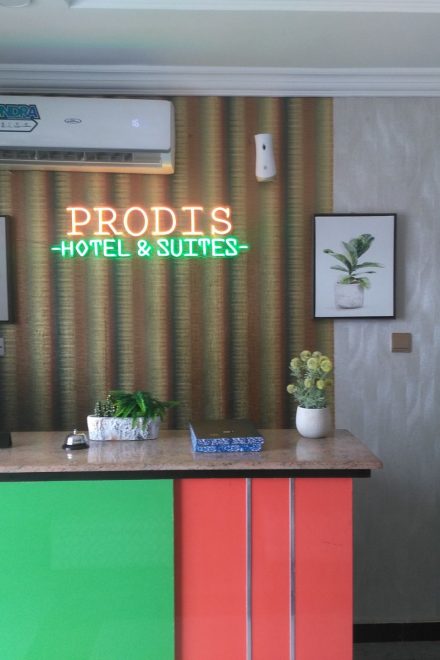 Reception desk of Prodis Hotel & Suites, Sagamu, Ogun State.