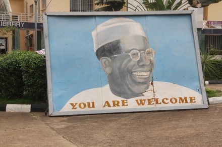 Awolowo big porrat art work welcoming guests to the compound in Ikenne.