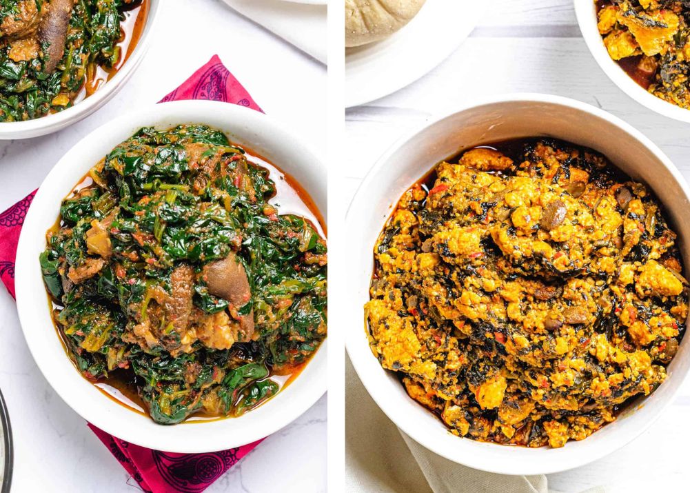 Local Nigerian soups of Efo-riro & Vegetable.